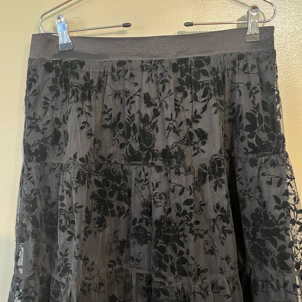 Gibson look Burnout Velvet Tired Goth Whimsical Lace Skirt Lined Midi L - Picture 5 of 13